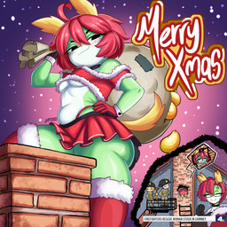 anthro biped blush bottomwear breasts butt chimney christmas_clothing clothed clothing eyewear female glasses green_body group hair hand_on_hip holidays legwear male pupils red_clothing red_hair skirt smile stuck text thigh_highs darbooart christmas scalie 1:1 absurd_res english_text hi_res