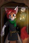 anthro clothed clothing dipstick_tail fur hair lamp lantern male markings multicolored_tail orange_body orange_fur purple_eyes red_hair red_tail_tip scarf solo tail tail_markings mancoin foxyverse eric_stawnwood canid canine fox mammal hi_res