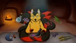 black_tail cave dipstick_tail female fireplace floating herbs log markings medicine plant red_tail_tip tail tail_markings telepathy wood yellow_body caraluca wishwasher kira_redpaw canid canine fox fox_spirit mammal true_fox 2018 2024 animated digital_media_(artwork) short_playtime