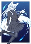 anthro black_nose blue_eyes border bottomwear clothed clothing footwear fully_clothed fur pleated_skirt skirt solo tail topwear white_body white_border white_ears white_fur white_tail wolfox004 canid canine mammal 2020 hi_res