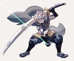 alternate_costume anthro athletic athletic_anthro athletic_male clothing facial_scar fur grey_body grey_fur hair male melee_weapon multicolored_body red_eyes scar simple_background solo sword two_tone_body weapon asure aquila_(imoyasu_muteki) canid canine canis mammal wolf