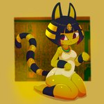 anthro blue_hair bob_cut clothing dress egyptian egyptian_clothing female frown fur hair hieroglyphics kalasiris kneeling markings raised_hand short_hair simple_background sitting solo striped_markings striped_tail stripes tail tail_markings thick_thighs uraeus usekh wide_hips yellow_background yellow_body yellow_fur rakuda0330 animal_crossing nintendo ankha_(animal_crossing) domestic_cat felid feline felis mammal 1:1 2021 hi_res lineless