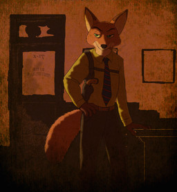 anthro black_nose cigarette clothed clothing collared_shirt dress_shirt fluffy fluffy_tail fully_clothed fur green_eyes gun holster male multicolored_body multicolored_fur office orange_body orange_fur ranged_weapon shirt solo tail topwear weapon fredryk_phox disney zootopia nick_wilde canid canine fox mammal red_fox true_fox hi_res
