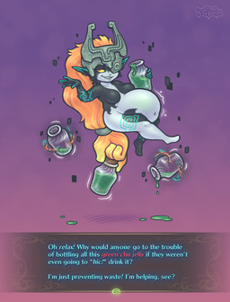 armor belly big_belly breasts clothing dialogue featureless_crotch female fused_shadow hair headgear headgear_only headwear helmet helmet_only holding_object holding_potion humanoid_pointy_ears looking_aside not_furry pointy_ears potion purple_background red_eyes shortstack shortstack_female simple_background smile solo text yellow_sclera keffotin nintendo the_legend_of_zelda twilight_princess midna humanoid twili 2022 digital_media_(artwork) english_text hi_res