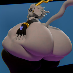 anthro antlers big_butt blue_eyes butt choker clothing female floppy_ears fur gem gloves gold_(metal) gold_jewelry grey_body grey_fur grey_hair hair hand_on_butt handwear horn huge_butt hyper hyper_butt jewelry legwear looking_at_viewer looking_back lop_ears low-angle_view necklace solo tail thigh_highs extrudedsquared warfaremachine_(modeler) pseudoregalia sybil_(pseudoregalia) warfare_sybil bovid caprine felid feline goat hybrid jackalope lagomorph leporid mammal rabbit 1:1 2026 3d_(artwork) digital_media_(artwork) hi_res
