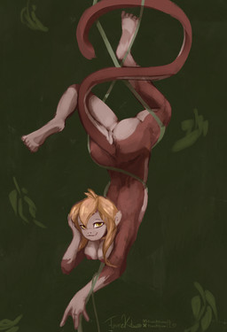aerial_silk anthro blonde_hair brown_body brown_fur female fur hair nipples nude nude_female plant solo vines yellow_eyes tsunekitsune animal_humanoid haplorhine humanoid mammal mammal_humanoid monkey monkey_humanoid primate primate_humanoid