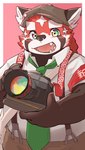 anthro biped black_body black_nose camera clothing hat headgear headwear kemono necktie open_mouth red_body shirt simple_background solo topwear zimasanda lifewonders tokyo_afterschool_summoners zhurong_(tas) ailurid mammal red_panda 2024 hi_res