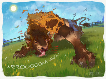 anthro bodily_fluids brown_body brown_fur clothing drooling feral fur grass growth hair hooves horn intelligence_loss licking male muscular open_mouth outside pasture plant ripping saliva size_transformation snout solo species_transformation tail teeth text tongue torn_clothing transformation yaflee bison bovid bovine buffalo cattle human mammal absurd_res english_text hi_res