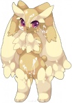 anthro biped bodily_fluids brown_body brown_fur cum cum_on_ear cum_on_face female fur genital_fluids long_ears looking_at_viewer messy purple_eyes solo standing tears salt_(artist) nintendo pokemon generation_4_pokemon lagomorph lopunny mammal pokemon_(species)