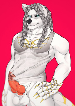 abs anthro balls clothing dreadlocks erection genitals male muscular muscular_anthro muscular_male red_background scales shirt simple_background smile smirk solo tail topwear wet wet_clothing wet_shirt wet_topwear alexjtopol mythology deon_(deon_heinrik) bear dragon hybrid mammal mythological_creature mythological_scalie scalie hi_res