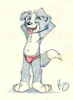 anthro arm_tuft bottomwear briefs briefs_only chest_tuft clothed clothing elbow_tuft eyes_closed front_view hands_behind_head logo male navel open_mouth open_smile red_bottomwear red_briefs red_clothing red_underwear simple_background smile solo standing topless tuft underwear underwear_only young young_anthro young_male pandapaco roni_(imroni) border_collie canid canine canis collie domestic_dog herding_dog mammal pastoral_dog sheepdog 2015 artist_logo full-length_portrait portrait signature sketch