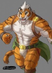 abs anthro belt biceps big_muscles brown_body brown_fur bulge clothed clothing fangs fur jockstrap male muscular muscular_anthro muscular_male nipples open_mouth pecs simple_background solo teeth tongue topless underwear white_body white_fur yellow_eyes gawein-dragon felid mammal pantherine tiger