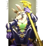 anthro axe bulge clothing cosplay crouching dark_sclera ear_piercing ear_ring glaive gold_(metal) gold_ear_ring gold_jewelry green_eyes heart_symbol jewelry male melee_weapon pecs piercing polearm ring_piercing solo spandex tight_clothing weapon seitora lifewonders live_a_hero tokyo_afterschool_summoners seth_(tas) wolf_villain_(live_a_hero) canid canine canis jackal mammal hi_res