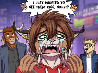 5_fingers anthro black_nose bodily_fluids brown_body brown_fur brown_hair crying dialogue emoji fangs female fingers fur group hair horn humanoid_hands male markings movie_theater pink_nose snot speech_bubble spots spotted_body spotted_fur tail tan_body tan_fur tears teeth text tongue trio ugly_crying heresy_(artist) disney lancer:_the_knights_of_fenris wicked_(movie) zootopia bosco_mattrick jake_marshall mika_fadeneir bovid bovine canid canine canis cattle domestic_dog felid feline lynx mammal 2025 4:3 digital_media_(artwork) english_text
