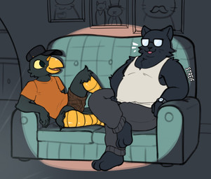 age_difference anthro bird_legs bottomwear bulge cabinet clock clothing crossed_legs duo eyewear facial_hair framed_picture fur furniture glasses grey_body grey_fur hands_on_hips happy hat headgear headwear jogging_pants male mature_male mustache older_male orange_clothing orange_shirt orange_topwear overweight overweight_male pants shirt shorts sofa spotlight sweatpants tongue tongue_out top_hat topwear watch younger_male streif night_in_the_woods germ_warfare_(nitw) stan_borowski avian bird felid feline mammal hi_res watermark