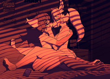 anthro bed bedroom dark_lighting dim_lighting duo dusk electronics female furniture hand_on_face kissing male male/female on_bed on_lap orange_lighting phone poster hima_nsfw canid canine felid feline fox hybrid lynx mammal absurd_res hi_res