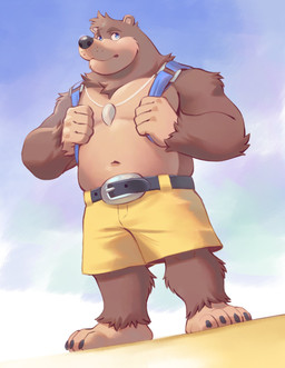 anthro backpack belly belt black_nose blue_eyes bottomwear brown_body brown_fur claws clothed clothing countershading fur head_tuft jewelry looking_aside male musclegut muscular muscular_anthro muscular_male navel necklace shorts sky slightly_chubby solo standing topless tuft adios banjo-kazooie rareware banjo_(banjo-kazooie) bear mammal 2020 full-length_portrait hi_res portrait