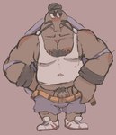 anthro armwear balls barely_visible_genitalia blush body_hair bottomwear brown_body chest_hair clothing footwear genitals hat headgear headwear male musclegut muscular muscular_anthro muscular_male pecs penis pubes shirt shoes shorts sneakers solo tank_top topwear waffledew nintendo splatoon mr._coco_(splatoon) arthropod coconut_crab crustacean hermit_crab malacostracan marine