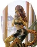 anthro black_bottomwear black_claws black_clothing black_sclera black_skirt bottomwear bra brown_hair building claws clothing coffee_mug female fur hair highlights_(coloring) house lace_bra latex latex_bottomwear latex_clothing latex_skirt markings red_hair sitting_on_railing skirt solo spots spotted_body spotted_fur steam steaming_cup tail underwear window yellow_eyes timekept nacita cheetah felid feline mammal 4:5 absurd_res hi_res trans_(lore) trans_woman_(lore)