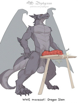 4_toes 5_fingers anthro balls big_balls big_penis bodily_fluids claws dripping feet finger_claws fingers furniture genital_fluids genitals horn knot knotted_penis looking_at_viewer male motion_lines onomatopoeia penis precum precum_drip simple_background solo sound_effects table text toe_claws toes wings zephyxus mythology dragon mythological_creature mythological_scalie reptile scalie 2026 digital_media_(artwork) watermark
