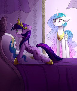bed being_watched body_pillow caught_in_the_act crown cutie_mark dakimakura dakimakura_pillow duo feathered_wings feathers female feral fur furniture grinding hair headgear horn inside looking_at_another masturbation multicolored_hair on_bed pillow pillow_humping purple_body purple_eyes purple_feathers purple_fur purple_hair shocked straddling tiara white_body white_feathers white_fur wide_eyed wings magnaluna friendship_is_magic hasbro my_little_pony mythology princess_celestia_(mlp) twilight_sparkle_(mlp) equid equine mammal mythological_creature mythological_equine winged_unicorn 2016 absurd_res hi_res