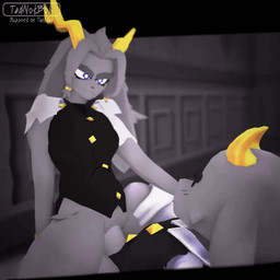 anthro antlers big_ears blue_eyes blush blush_lines bottomless bottomless_anthro bottomless_female breasts button_(fastener) cape clothed clothing cowgirl_position dominant dominant_female duo eyelashes female female_anthro female_on_top floppy_ears from_front_position fur genitals gold_(metal) gold_jewelry grey_body grey_fur grey_hair hair horn humanoid_genitalia humanoid_penis inside jewelry larger_female lop_ears male male/female male_anthro medium_breasts on_bottom on_top penetration penile penile_penetration penis penis_in_vagina sex size_difference smaller_male smile spread_legs spreading submissive submissive_male tail topwear vaginal vaginal_penetration vest tednotbob pseudoregalia butler_(pseudoregalia) sybil_(pseudoregalia) bovid caprine felid feline goat hybrid jackalope lagomorph leporid mammal rabbit 1:1 2026 3d_(artwork) 3d_animation animated digital_media_(artwork) loop