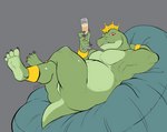 anthro bean_bag bracelet container crown cup drinking_glass glass glass_container glass_cup headgear jewelry male musclegut muscular muscular_male reclining solo wine_glass benji_(artist) king_tangu crocodile crocodilian reptile scalie absurd_res hi_res