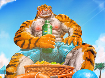 anthro barazoku biceps blush bottle clothed clothing container hair male muscular muscular_male nipples pecs solo stripes whiskers kowloon7050 felid mammal pantherine tiger 2025 colored digital_drawing_(artwork) digital_media_(artwork) oil_painting_(artwork) painting_(artwork) traditional_media_(artwork) traditional_painting_(artwork)