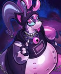 ambiguous_gender antennae_(anatomy) anthro beanie bell bell_collar belly belly_nipples big_belly blue_sclera chain clothing collar crop_top fake_cat_ears fake_ears fat_arms glistening glistening_body hat headgear headwear hoodie mismatched_eyeshadow multicolored_body multiple_collars nipple_piercing nipples overweight overweight_ambiguous pear-shaped_figure piercing pink_eyes shirt sleeveless_hoodie solo tongue tongue_out topwear two_tone_body white_belly wide_hips angusburgers nintendo pokemon nyan_skulls_(nyanoraptor) generation_6_pokemon goodra pokemon_(species) hi_res