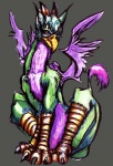 4_toes all_fours ambiguous_gender beak claws feathered_wings feathers feet feral fur green_body green_fur grey_background horn looking_at_viewer purple_body purple_fur simple_background sitting solo spread_wings toe_claws toes wings yellow_eyes sk4ndalous thatwhitefox mythology avian gryphon mythological_avian mythological_creature unknown_species hi_res