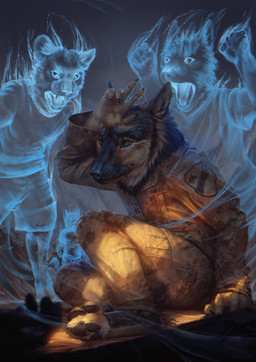 4_toes 5_fingers anthro barefoot black_body black_fur black_nose brown_body brown_fur clothed clothing detailed_fur feet fingers fur green_eyes male open_mouth paws scared tan_body tan_fur teeth toes tongue uniform conditional_dnp royz canid canine canis domestic_dog german_shepherd ghost herding_dog mammal pastoral_dog spirit 2019 detailed digital_media_(artwork) hi_res