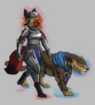 abstract_background anthro armor clothing duo female feral gauntlets gloves handwear leather paws walking revertigo canid canine felid fox lion mammal pantherine absurd_res digital_media_(artwork) digital_painting_(artwork) hi_res signature