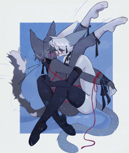 5_fingers anthro bdsm blush bondage bound clothing duo eyewear fingers fur glasses grey_body grey_fur kissing leg_wrap legwear male male/male markings red_eyes restraints ribbons rope rope_bondage rope_harness spots spotted_markings spotted_tail stockings tail tail_markings white_body white_fur yellow_eyes lenoidpipisoid domestic_cat felid feline felis mammal hi_res