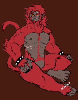5_fingers 5_toes anthro beard biped black_body black_skin body_hair bracelet brown_background dark_body dark_skin facial_hair facial_scar fangs featureless_crotch feet fingers fur hair happy_trail jewelry male nipple_piercing nipples nude orange_sclera piercing pubes red_body red_eyes red_fur scar simple_background sitting soles solo spiked_bracelet spikes teeth toes wristband exavier haplorhine mammal monkey primate hi_res