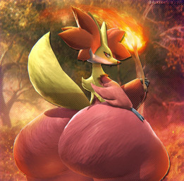 ambiguous_gender anthro big_butt black_body bottom_heavy butt clothing dress fire forest hand_on_butt huge_butt hyper hyper_butt inner_ear_fluff looking_at_viewer looking_back orange_body outside plant pointy_nose pseudo_clothing raised_tail rear_view red_body red_eyes solo stick tail tree tuft white_body yellow_body rexterred nintendo pokemon delphox generation_6_pokemon pokemon_(species) 2026 3d_(artwork) digital_media_(artwork) hi_res