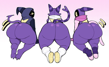 3_toes all_fours ambiguous_gender anthro barefoot big_breasts big_butt big_eyes blush blush_lines boots bottomless breasts bubble_butt butt cheek_tuft claws clothed clothing dotted_background empty_eyes eyebrows facial_tuft feet finger_claws fingers footwear gradient_background grey_clothing grey_hoodie grey_topwear group hoodie hoodie_only huge_butt looking_at_viewer looking_back looking_back_at_viewer mouthless multicolored_body outline pattern_background pink_body pink_scarf presenting presenting_hindquarters pupils purple_body purple_toeless_socks rear_view scarf shadow_face shoes simple_background spade_tail tail thick_thighs toes topwear topwear_only trio tuft two_tone_body white_background white_body white_boots white_clothing white_footwear white_outline yellow_eyes crispyattucks musha_(crispyattucks) mushelle_(crispyattucks) mushin_(crispyattucks) alien felid mammal 2025 clip_studio_paint_(artwork) digital_media_(artwork) hi_res female_(lore) sibling_(lore) sister_(lore) sisters_(lore)