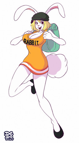 anthro backpack big_breasts blonde_hair blush breasts brown_eyes cleavage clothed clothing dress female hair hat headgear headwear open_mouth open_smile orange_clothing orange_dress pink_nose simple_background smile solo text white_background dedoarts one_piece carrot_(one_piece) lagomorph leporid mammal minkmen_(one_piece) rabbit 2017 english_text hi_res