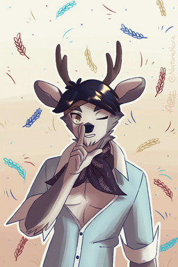 anthro antlers black_eyebrows black_hair black_nose brown_antlers brown_eyes clothed clothing eyebrows fur grey_body grey_fur hair horn looking_at_viewer male multicolored_body multicolored_fur scarf shirt solo standing topwear naturanevie deer mammal hi_res shaded