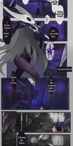 15_panel_comic 2_horns ambiguous_gender anthro bell biped black_eyes black_text clothed clothing dialogue duo ellipsis empty_eyes feral holding_melee_weapon holding_object holding_weapon horn looking_at_another melee_weapon motion_lines nodding quadruped question_mark setting sound_effects speech_bubble standing talking_to_another text walking weapon white_text writing_text ssleepyflowers hollow_knight_(franchise) team_cherry hollow_knight_(character) the_last_stag_(hollow_knight) arthropod 2025 absurd_res comic english_text hi_res signature