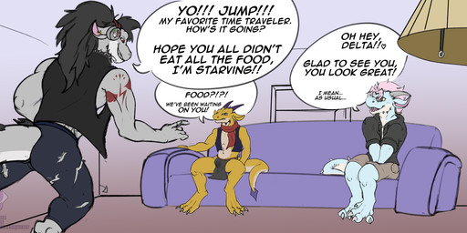 annoyed anthro arm_tattoo black_hair bottomwear clothing collar crouching dialogue ear_piercing electronics excited eyewear glasses group hair happy headphones lamp living_room loincloth male piercing pink_hair scarf tail tattoo text torn_clothing trio kyain mythology delta_(alcitron) eugene_(alcitron) jump_riff_(alcitron) dragon kobold mythological_creature mythological_scalie scalie comic english_text hi_res