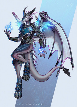 anthro armor black_horn blue_body clothed clothing electricity grey_body horn looking_at_viewer magic_user male male_anthro membrane_(anatomy) membranous_wings mouth_closed simple_background solo white_eyes white_wings wings marie_merkh mythology dragon mythological_creature mythological_scalie scalie full-length_portrait hi_res portrait