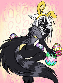 ambiguous_gender anthro bikini bunny_costume bunny_ears_headband claws clothed clothing costume crossdressing easter_egg facial_markings fake_ears fake_rabbit_ears femboy finger_claws fluffy fluffy_tail fur grey_body grey_fur grey_sclera hair head_markings holidays long_hair looking_at_viewer male markings mask_(marking) pawpads smile solo spots spotted_markings swimwear tail two-piece_swimsuit white_eyes white_hair ch40t1c easter zero_(ch40t1c) genet hybrid long-tailed_weasel mammal mustelid musteline true_musteline viverrid weasel 2026 colored digital_media_(artwork) hi_res shaded trans_(lore) trans_man_(lore)