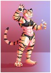 abs anthro bodily_fluids border bottle bra clothing container female gesture hand_gesture muscular muscular_female one_eye_closed simple_background solo sports_bra standing sweat sweaty_abs sweaty_legs sweaty_thighs underwear water_bottle white_border coldgemini disney pack_street zootopia pandora_(weaver) felid mammal pantherine tiger absurd_res hi_res