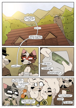 anthro black_nose clothed clothing detailed_background dialogue eyewear female forest forest_background fur glasses group hair male nature nature_background plant profanity simple_background text tree ozzymandy gloria_meloni_(ozzymandy) canid canine canis domestic_dog mammal 2025 absurd_res comic digital_drawing_(artwork) digital_media_(artwork) english_text hi_res