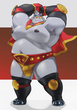 anthro armpit_hair armwear big_bulge blush body_hair bulge cape clothing detailed_bulge elbow_gloves fingerless_gloves fur genital_outline gloves grey_nipples hands_above_head handwear horn looking_at_viewer male moobs musclegut muscular muscular_anthro muscular_male navel nipples pecs penis_outline pose red_eyes slightly_chubby smile smiling_at_viewer solo speedo swimwear tusks white_body white_fur wrestling_belt wrestling_briefs wrestling_clothing wrestling_outfit yellow_sclera wululu0y0 kings_of_hell enfer_belial bovid caprine caprine_demon demon goat goat_demon mammal hi_res
