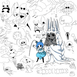 2_horns 6_eyes ambiguous_gender antennae_(anatomy) anthro bandage bikini black_bikini black_clothing black_eyes black_swimwear blue_hair claws clothed clothing club_(weapon) eyebrows eyelashes female fungus fur group hair holding_club holding_knife holding_melee_weapon holding_object holding_weapon horn knife lifeblood melee_weapon multi_eye mushroom object_in_mouth open_mouth open_smile pacifier pacifier_in_mouth raised_arms sharp_teeth smile smoke swimwear teeth two-piece_swimsuit underwater water weapon white_clothing wings osakana2gou hollow_knight:_silksong hollow_knight_(franchise) team_cherry bardoon_(hollow_knight) cloth_(hollow_knight) elderbug_(hollow_knight) grimm_(hollow_knight) joni_(hollow_knight) lace_(hollow_knight:_silksong) lurien_(hollow_knight) mantis_lord_(hollow_knight) pale_king_(hollow_knight) quirrel_(hollow_knight) radiance_(hollow_knight) the_hunter_(hollow_knight) the_knight_(hollow_knight) traitor_lord_(hollow_knight) unn_(hollow_knight) willoh_(hollow_knight) arthropod centipede humanoid insect lepidopteran moth myriapod vessel_(species) weaver_(hollow_knight) 1:1 hi_res