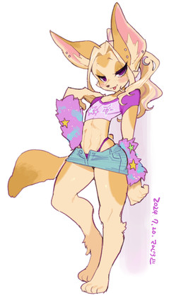 anthro arm_warmers armwear barefoot blonde_hair bottomwear cheek_tuft clothing crop_top denim denim_bottomwear denim_clothing denim_skirt ear_piercing facial_tuft feet female hair kemono leg_tuft moon_accessory navel panties panty_shot piercing purple_clothing purple_eyes purple_shirt purple_topwear shirt simple_background skirt solo star tail thong thong_straps topwear tuft unbuttoned_bottomwear underwear white_background yellow_body sanjiro canid canine fennec_fox fox mammal true_fox 2024 dated hi_res