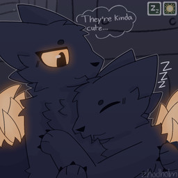 :3 ambiguous/ambiguous ambiguous_gender anthro arm_support back_grab biped black_body black_claws black_ears black_eyebrows black_fur black_nose black_tail cheek_tuft claws close-up detailed_background dialogue dipstick_tail duo ears_back eyebrows eyes_closed facial_tuft fluffy fluffy_chest fluffy_tail fur gameplay_mechanics glowing glowing_body glowing_eyes glowing_fur handpaw head_tuft hug hugging_another inside lying markings orange_body orange_fur orange_sclera orange_tail_tip paneling paws pivoted_ears raised_tail romantic romantic_couple screw sitting sleeping sleeping_on_another snoring snout sound_effects tail tail_markings text thought_bubble tuft vowelless vowelless_sound_effect zzz zhodholm casualties:_unknown canid canine expie_(gunsawian) fox gunsawian hybrid mammal murid murine rat rodent 1:1 2026 artist_name digital_drawing_(artwork) digital_media_(artwork) english_text portrait shaded watermark