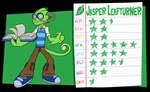 3_fingers anthro book border bottomwear clothed clothed_anthro clothed_male clothing eyewear fingers footwear geek glasses green_body green_scales long_tongue male pants round_glasses scales shirt shoes sneakers solo standing stat_display stats tail text tongue tongue_out topwear transparent_border blu3danny fate-x-change jasper_leafturner chameleon lizard reptile scalie 2021 alpha_channel english_text hi_res