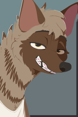 amber_eyes anthro black_nose blue_background braces brown_body brown_fur clothed clothed_female clothing facial_markings female fur half-closed_eyes head_markings long_neck looking_at_viewer mane markings mask_(marking) narrowed_eyes shirt simple_background smile smiling_at_viewer solo striped_neck tank_top teeth topwear conditional_dnp tangerine_(artist) pack_street anneke_(weaver) aardwolf hyena mammal 2026 2:3 aliasing binary_drawing bust_portrait digital_drawing_(artwork) digital_media_(artwork) hi_res portrait